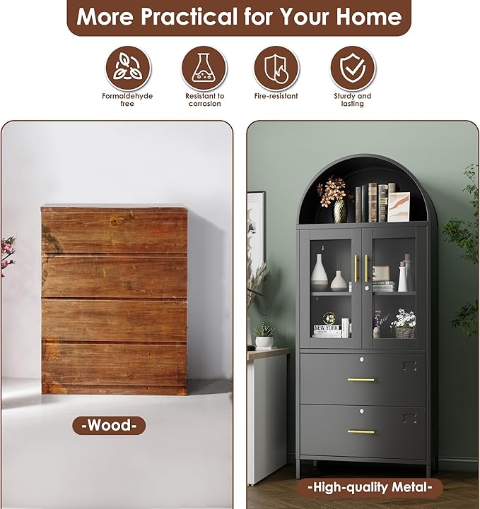 73''H Metal Arch File Cabinet, Black Arched Bookcase with Locking Glass Doors and Drawers,Filing Cabinet for Home Office,Assemble Required,Black