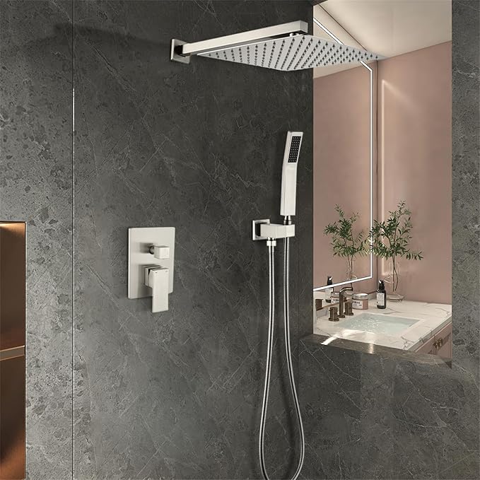 WELLFOR Wall Mounted Shower Faucet Set, Bathroom Showers Faucets, Shower System With 10" Square Rain Shower Head and Handheld, 2.5 GPM, Rough in Valve, Hot Cold Water, Single Handles (Brushed Nickel)