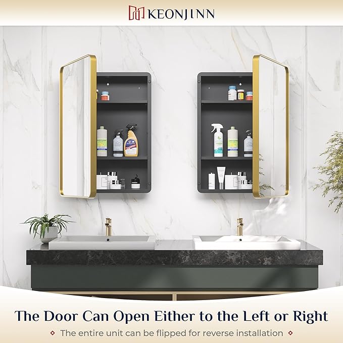 Keonjinn Gold Bathroom Medicine Cabinet with Mirror 16 x 24 Inch, Small Brushed Brass Medicine Cabinet, Stainless Steel Framed, Adjustable Shelves, Rounded Rectangular, Recessed or Surface Mount