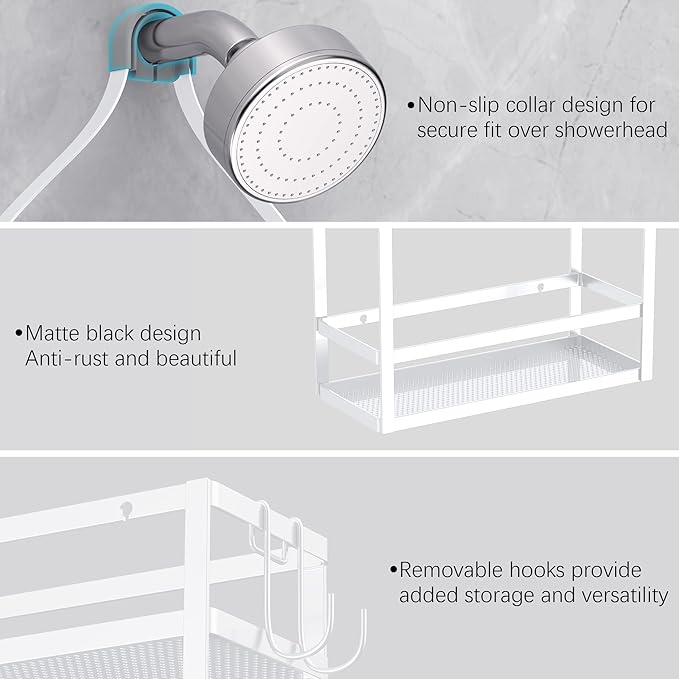 Meangood Shower Caddy 10.4" x 4.5" x 22.04" Hanging Shower Caddy Organizer Over Shower Head Big Capacity for Shampoo, Conditioner with Hooks for Razor/Sponge, White