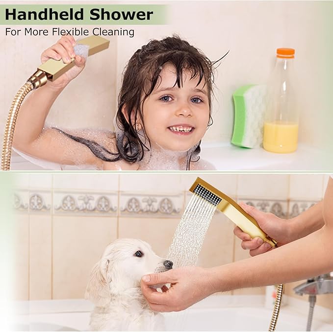 Brushed Gold Shower System, STARBATH 12+6" Rain Shower Head and Handle Set Ceiling Mount, Rainfall Shower Faucet Set Complete with 3 Way Shower Valve with 5 Diverter and Trim Kit