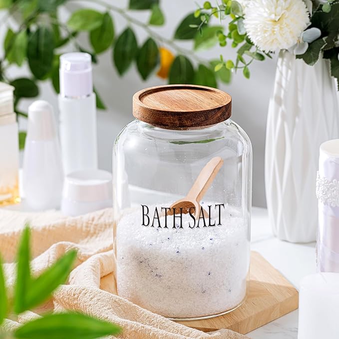 2 Sets 74 oz Large Bath Salt Container with Wooden Scoop for Glass Bath Salt Jar with Airtight Lid Storage Canister for Food, Flour, Sugar, Cookie, Kitchen