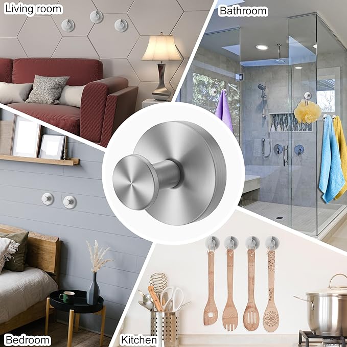 Suction Cup Hook for Shower, 16 Pack Wall Mount Towel Holder, Removable Towel Hook - Stainless Steel No Drill Hook for Bathroom Window Glass Door Wall Home Kitchen Silver