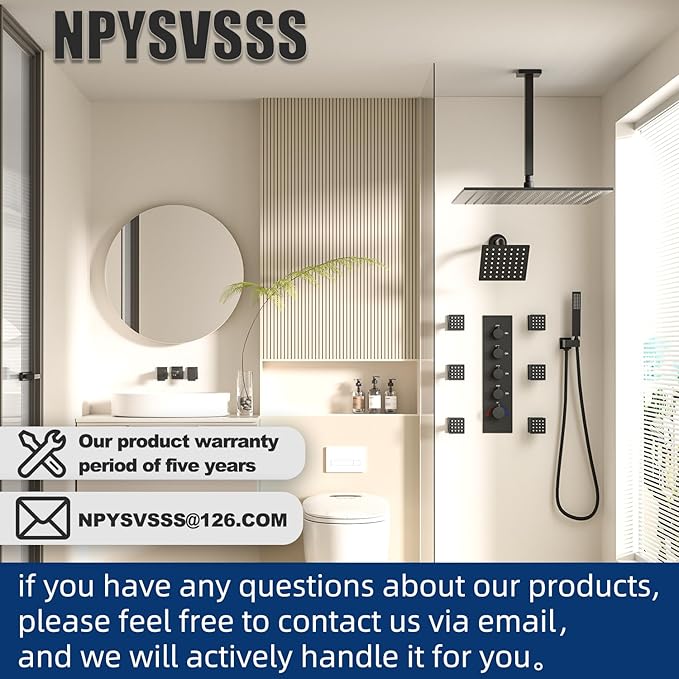Black Thermostatic Shower System Dual Shower Heads with 16" Ceiling Mounted Rain Shower Head & 6" Wall Mounted Head 4 Function Full Body Shower System with body jets Can All Run Together