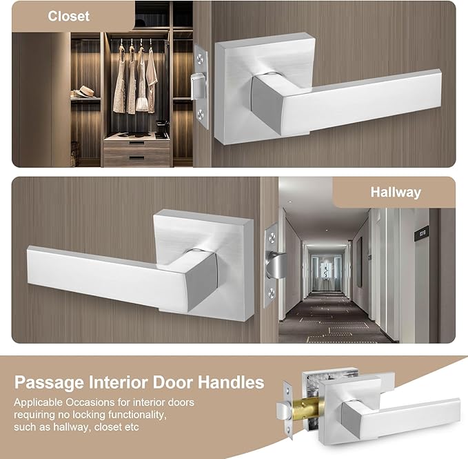 Square Passage Door Lever, Heavy Duty Interior Door Handles for Hallway& Closet Non-Locking Door Knob in Satin Nickel Keyless Door Lockset for Right & Left Side Door, 5 Pack