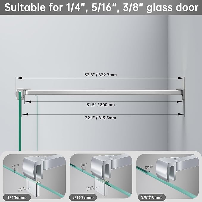 Frameless Shower Door Support Bar, Stainless Steel Wall-to-Glass Support Arm to Fixed Shower Glass Panel, for 1/4"-3/8" (6-10 mm) Door, 180° Pivot & Stow-Flat Mode (Brushed Nickel, 31.5-inch(800mm))