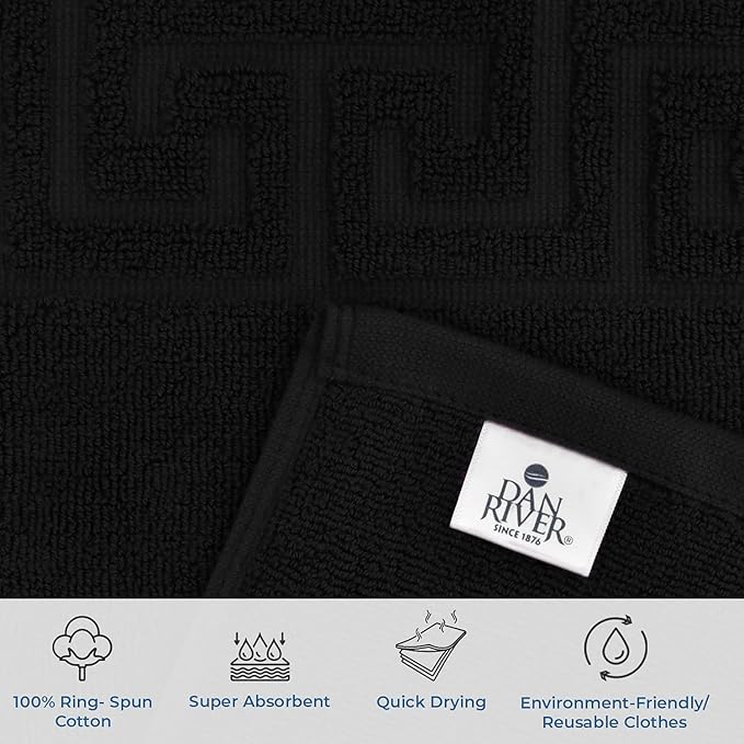 DAN RIVER Greek Cotton Bath Mats Set of 2 – Not a Bathroom Rug, Ultra Soft, Highly Absorbent & Machine Washable Bath Mat Towel for Bathroom Floor Mat – Durable, Quick-Dry, 21x34 Inches, Black