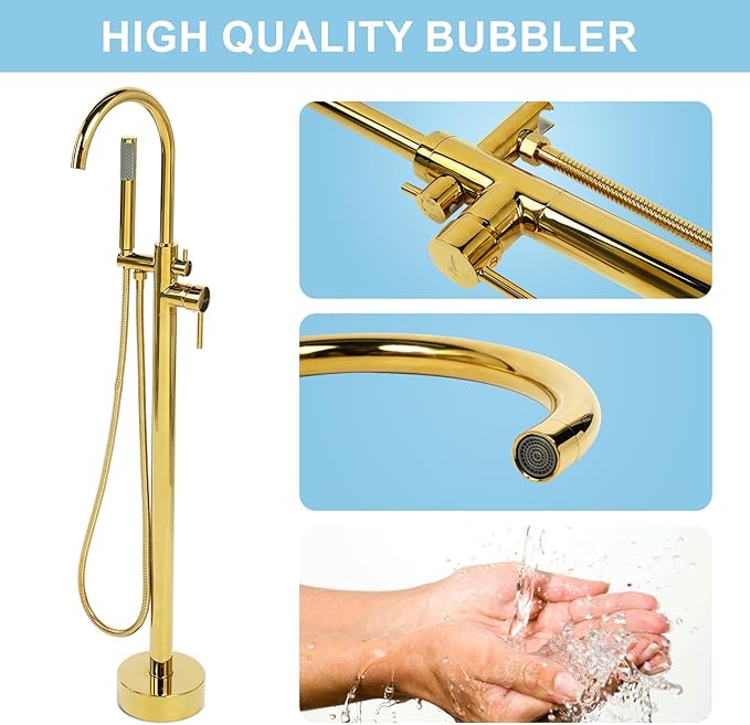 Freestanding Bathtub Faucet, Floor Mount Bathtub Faucet with 2 Water Outlet Modes, Swivel Gooseneck Spout with Hand Shower, Brass Single Handle Tub filler, Max Flow Rate 7.4 GPM, Gold