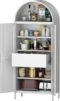 73'' Tall Metal Arched Cabinet, Modern Arch Bookcase Display Cabinet with Doors/Shelves/Internal Drawers for Home Office Kitchen Bar Living Room(White)