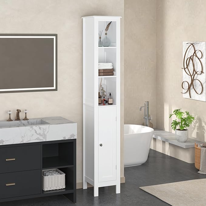 Tall Bathroom Storage Cabinet with Adjustable Shelves,66.92" H Slim 1-Door Freestanding Cabinet for Small Spaces, Bathroom,Kitchen, Living Room,White