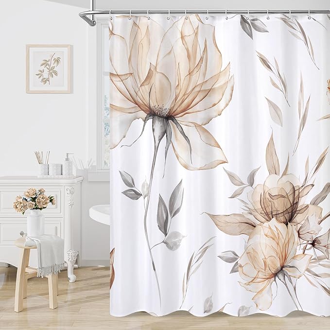 Light Brown and Grey Boho Watercolor Floral Shower Curtain, Ink Painting Style Blossom & Leaf Shower Curtains for Chic Elegant Bathroom, Artistic Tan Fabric Flower Shower Curtain, 72x72