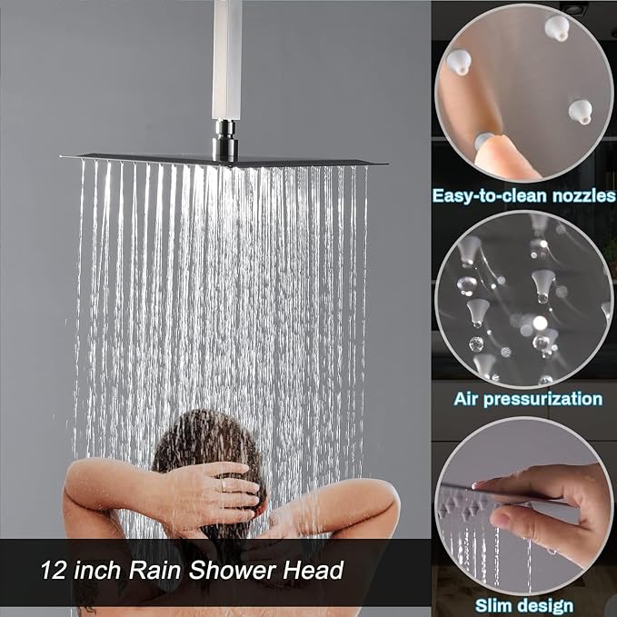 Shower Faucet Set Polished Chrome Shower System Luxury 12 Inch Wall Mounted Full Body Shower System with Body Jets and Handheld Spray, Water Temperature Display Shower Fixtures