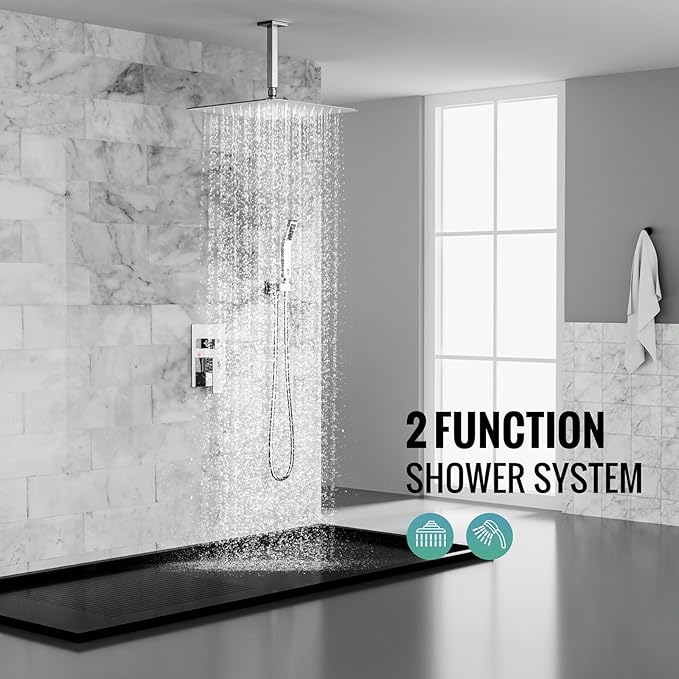 SR SUN RISE 16 Inches Polished Chrome Shower Faucet System Bathroom Luxury Rain Mixer Shower Faucet Set Ceiling Mounted Rainfall Shower Head Set (Contain Shower Faucet Rough-In Valve Body and Trim)