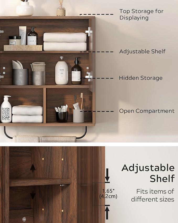 Bathroom Wall Cabinet, Fluted Wooden Medicine Cabinet Storage with 2 Doors, Adjustable Shelf and Towels Bar, Modern Wall Mount Large Floating Cabinet for Kitchen Laundry Room Brown