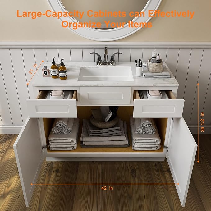 ROOMTEC Bathroom Cabinet, 42'' Free Standing Single Bathroom Vanity with 2 Drawers and 2 Doors,Soft-Close Drawer Slides Morden Bathroom Sink Vanity Storage Cabinet, Shaker White