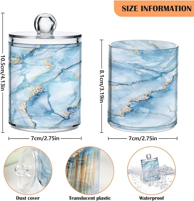 MNSRUU 2 Pack Qtip Holder Organizer Dispenser Sky Blue Marble Bathroom Storage Canister Cotton Ball Holder Bathroom Containers for Cotton Swabs/Pads/Floss