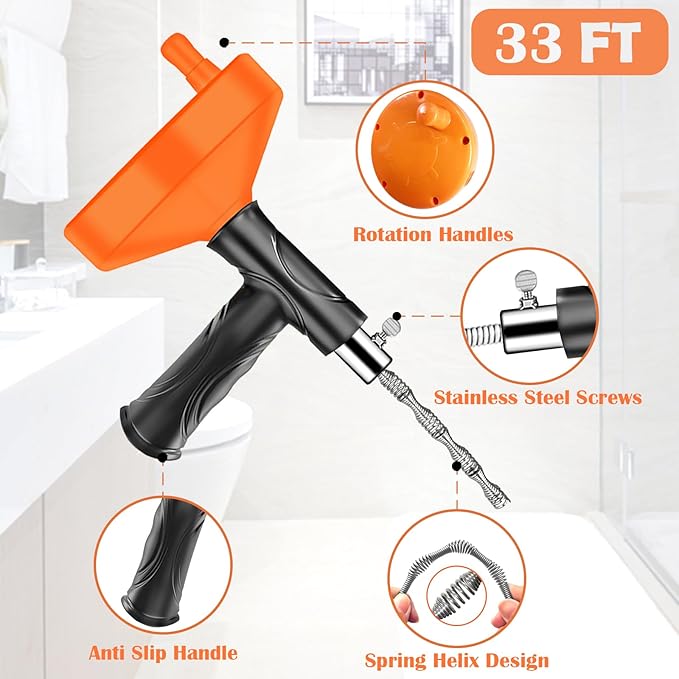 33 Feet Drain Snake Auger, Plumbing Snake Drain Hair Clog Removal Tool, Sink Unclogger, Heavy Duty Toilet Snake Auger, Cleaner Tool for Bathroom Kitchen Tub Shower Drain Clog Remover