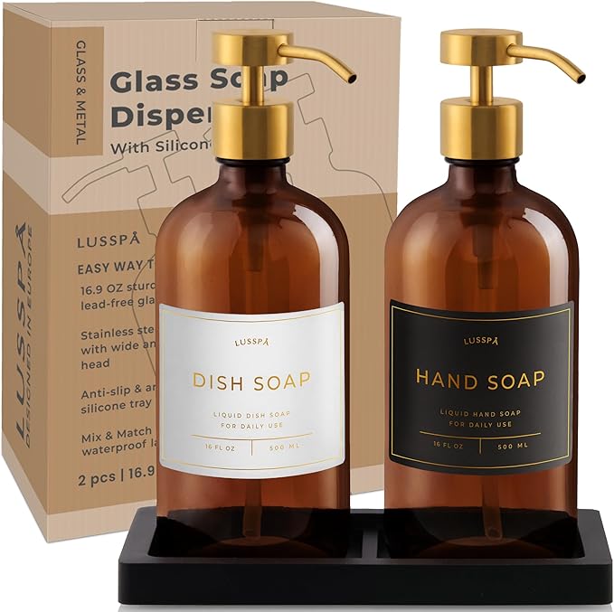 Lotion, Hand & Dish Soap Dispenser for Kitchen Sink - Bathroom Soap Dispenser Set of 2 16.8 Oz Glass Bottles with Stainless Steel Pump, 15 Water Proof Labels & Silicon Tray (Amber/Gold)