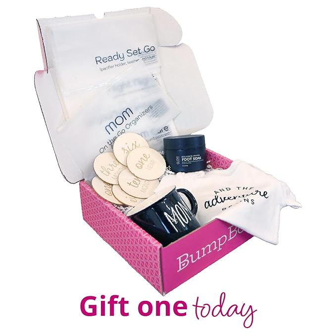 Bump Boxes 3rd Trimester & Postpartum Gift Set for New Moms with Milestone Disc, Baby Onesie, Travel Bags, Ceramic Mug, Organic Foot Soak, Gift for Mother to Be