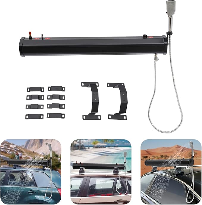 Portable Camping Shower Solar Portable Shower Water Tank for Camping Self-Pressurized Water Tank for SUV Overland Roof Rack 5.58ft Pipe 1.6bar 60℃/140℉ (20L)