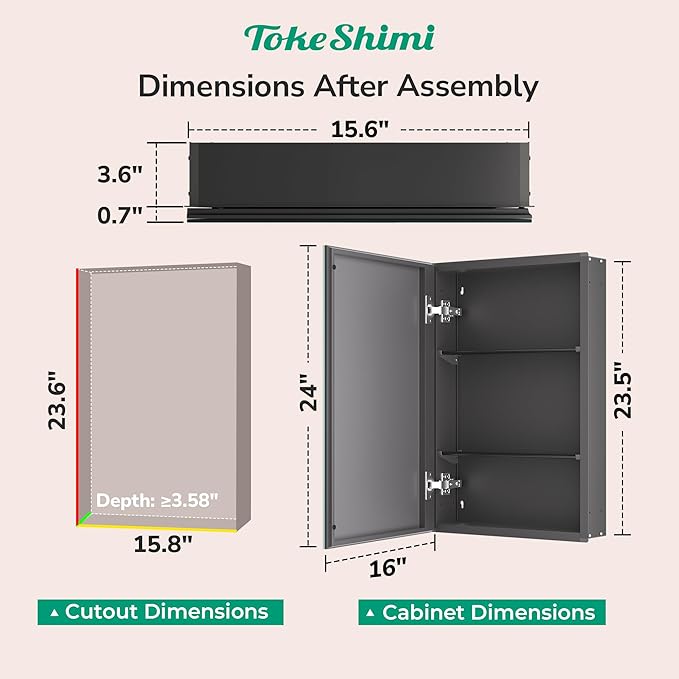 TokeShimi 16 x 24 Mirrored Medicine Cabinet Recessed or Surface Mount, Aluminum Tempered Black Bathroom Medicine Cabinet with Mirror with Adjustable Storage Metal for Modern Farmhouse