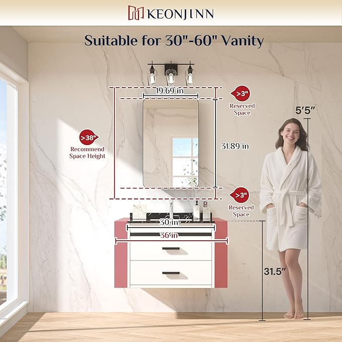 Keonjinn 20 x 32 Inch Gold Mirrored Medicine Cabinet, Recessed Medicine Cabinets for Bathroom, Dim Brushed Brass Stainless Steel Framed, Adjustable Shelves, in Wall or Surface Mount, Sturdy & Heavy