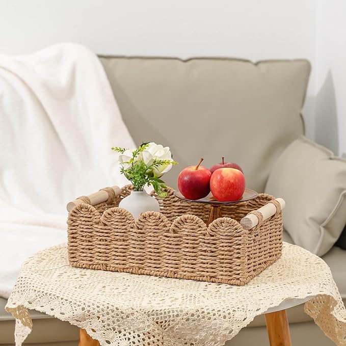 CubesLand Paper Rope Scalloped Edge Decor Baskets for Home, Living Room, Bedroom, Toilet Basket for Over Toilet Storage Shelf, End Table, Shelves and More, Both Storage&Decor, Set 2 Neutral
