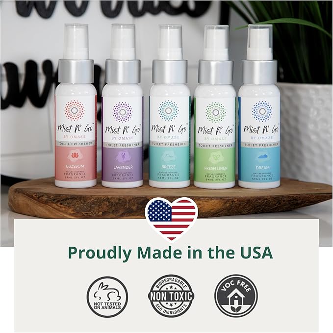 Mist N’ Go by Omaze Travel Bathroom Spray for Toilet Spray Odor Eliminator - Travel Toilet Spray for Bathroom Air Freshener Spray for Bathroom Deodorizer - Breeze Regular Size (2oz x5)