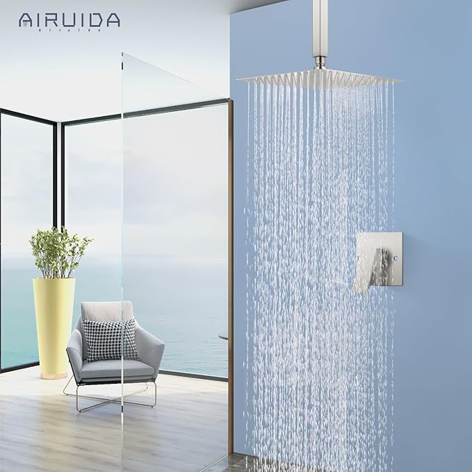 Airuida Shower Faucet Set and Handle Set Single Function Shower Trim Kit Ceiling Mount Rainfall Shower System with Male Threads and Rough-in Valve 10 Inch Square Shower Head Brushed Nickel