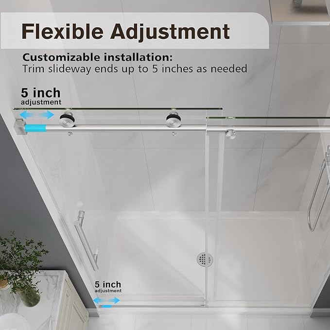 Frameless Glass Shower Door, 49-54" W x 76" H Sliding Frameless Shower Door, 1/4''(6mm) SGCC Tempered Glass, Explosion-Proof Film Nano Coating, Stainless Steel Hardware, Brushed Nickel