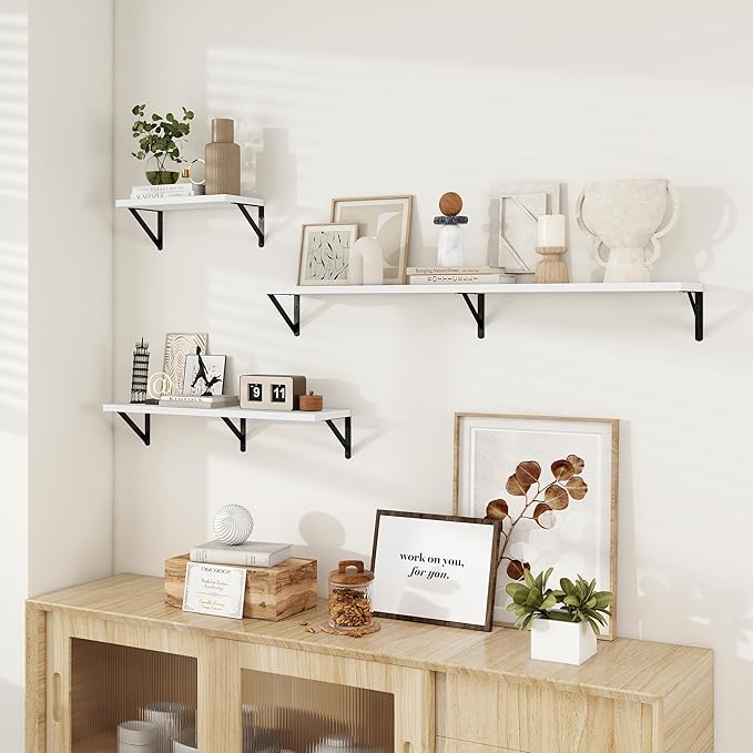 Dreamland Wall Shelves Long, 24W x 8D Wall Mounted Shelves Set of 2, Wide Display Ledge Shelf with Sturdy Metal Brackets for Living Room, Bathroom, Bedroom and Kitchen, White