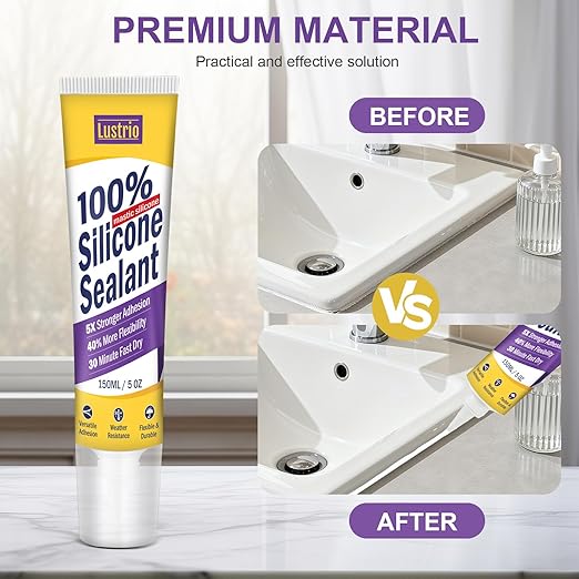 High-Strength Silicone Sealant & Adhesive - 100% Waterproof, Flexible Caulk for Kitchen, Bathroom, Shower, Window, Auto - Creates Durable, Shrink & Crack Resistant Seal 5 Oz. Tube. (Clear)