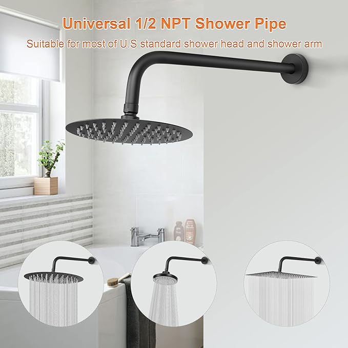 HarJue Shower Arm with Flange and Teflon Tape, Wall Mounted Shower Pipe 304 Stainless Steel Extension Arm for Fixed Shower Head & Handheld (15 Inch, Matte Black)