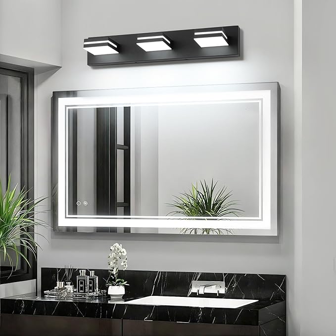 SineRise LED Modern Bathroom Vanity Light Fixtures, Modern Acrylic Bathroom Wall Lighting Fixtures Over Mirror (Cool White 6000K) (3-Light, 24-Inch), Matte Black- Non-dimmable