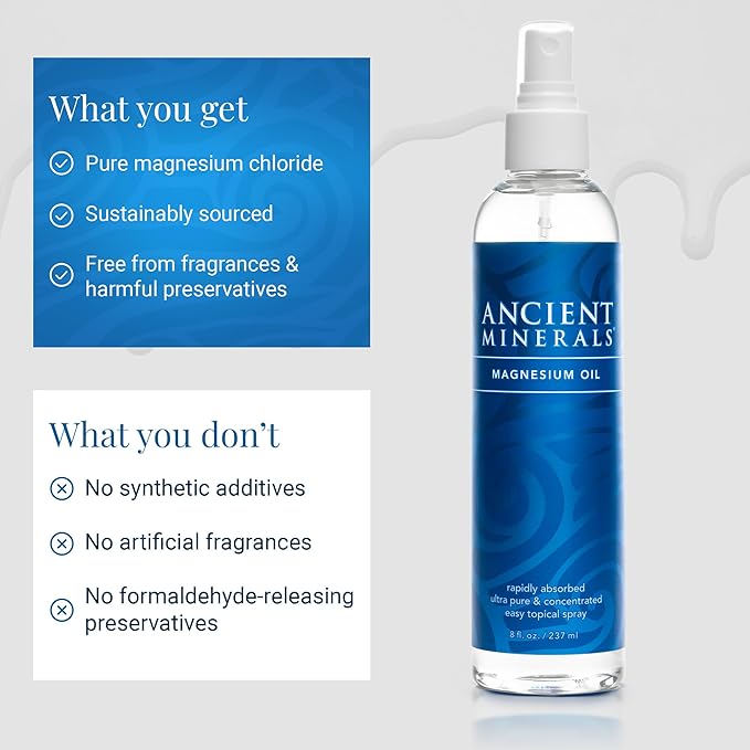 Ancient Minerals Magnesium Oil Spray Bottle of Pure Genuine Zechstein Magnesium Chloride - Topical Magnesium for Skin Application (4fl oz)