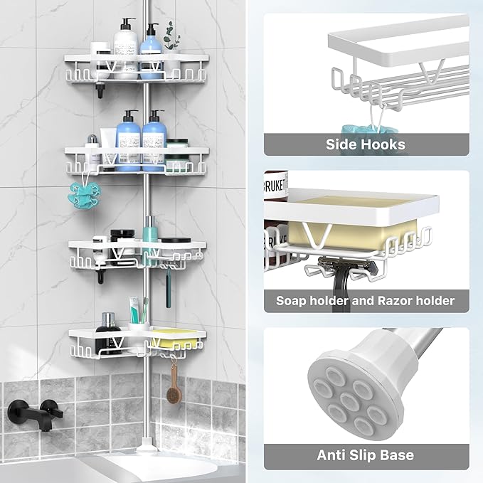Shower Caddy Tension Pole Corner - Stainless Steel Bathroom Organizer White Tension Rod Shower Shelves for Tub(22-114.2inch), Renter Friendly