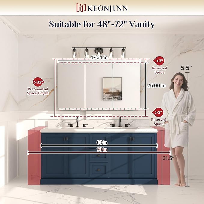 Keonjinn 48 x 26 Inch Medicine Cabinet, Assembly Required, White Bathroom Medicine Cabinets Mirror, Lightweight, Adjustable Shelves, Surface Mount or Recessed, Tempered Glass