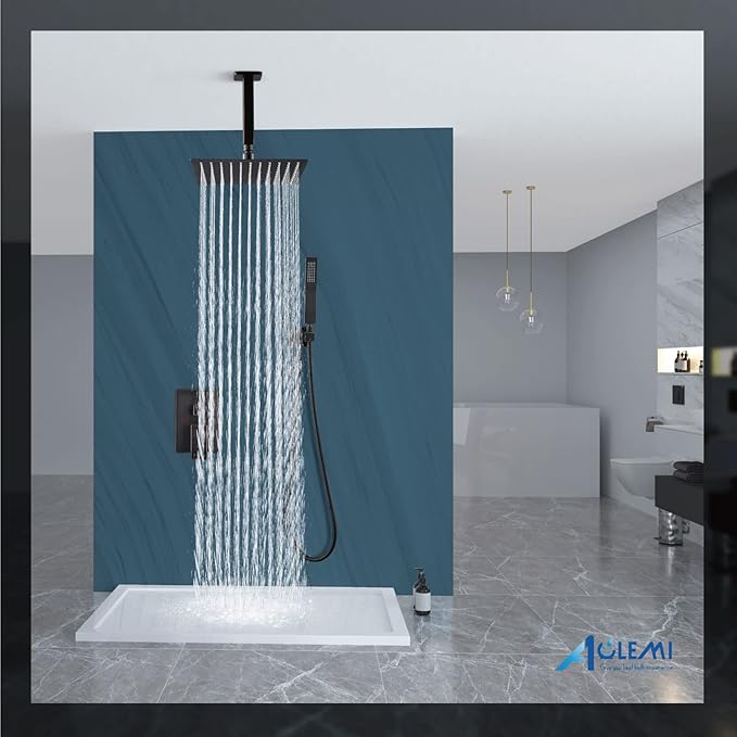 Aolemi Ceiling Mount Shower System Rain Shower Head with Handheld Spray High Pressure Shower Faucet Set Rough-in Valve Shower Trim Kit Included Bathroom Oil Rubbed Bronze 12 Inch Ceiling Shower Head