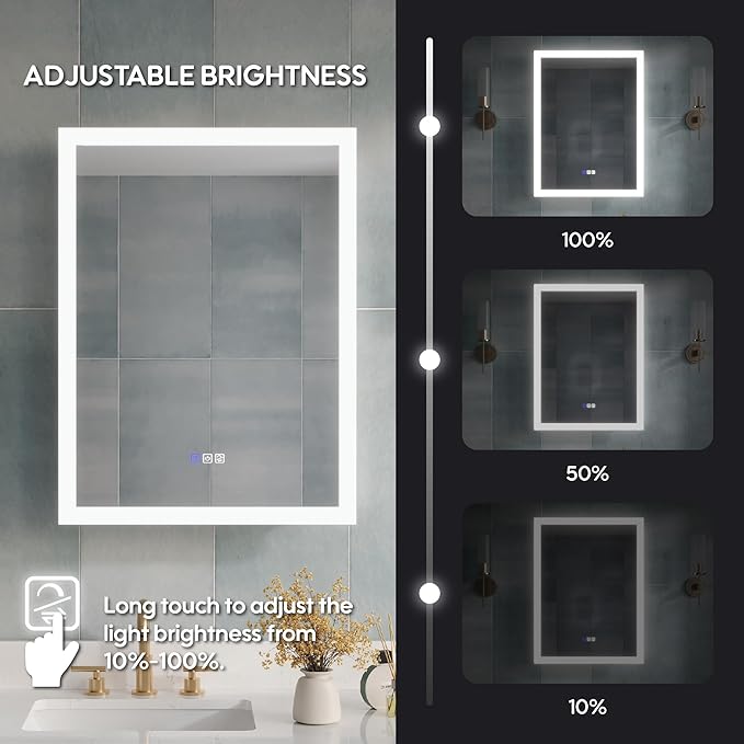 WELLFOR 24 x 32 Inch LED Medicine Cabinet with Lights, 3X Magnification Makeup Mirror, Bathroom Vanity Mirror Cabinet with Storage, Anti Fog, Surface or Recess Mount, Left Opening Door