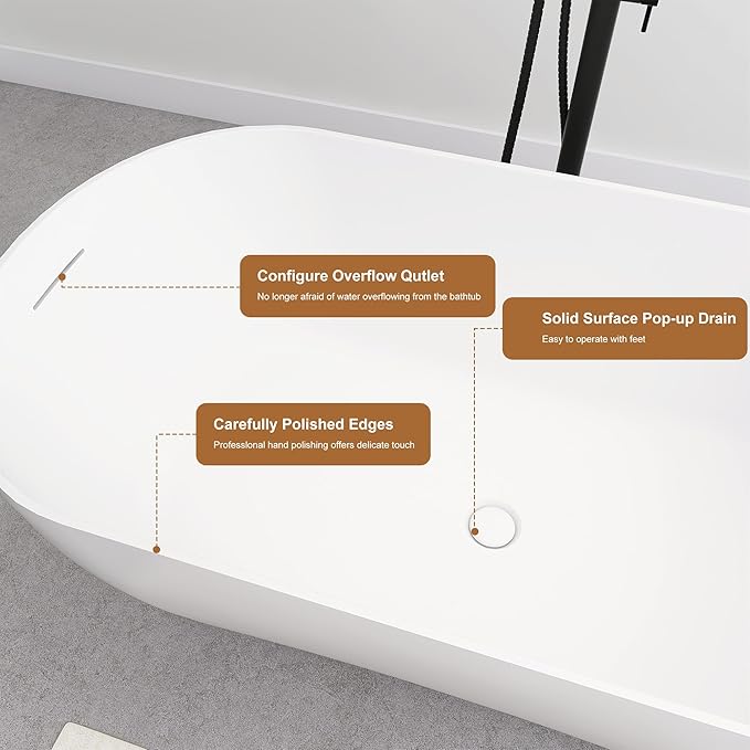 SJ STAR&JANE 51" Solid Surface Freestanding Bathtub, Matte White Oval Soaking Stone Resin Tub with Overflow and Pop-up Drain for Modern Bathrooms
