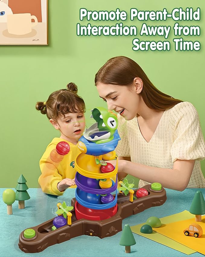 Dinosaur Ball Drop Tower for 3 4 5 6 7 8 Years Old Kids, Dino Spin Twister Toddlers Toy, Shoot Balls Toddler Montessori Toys Gifts for 3-6 Year Old Boys Girls, 2 Single Player Mode