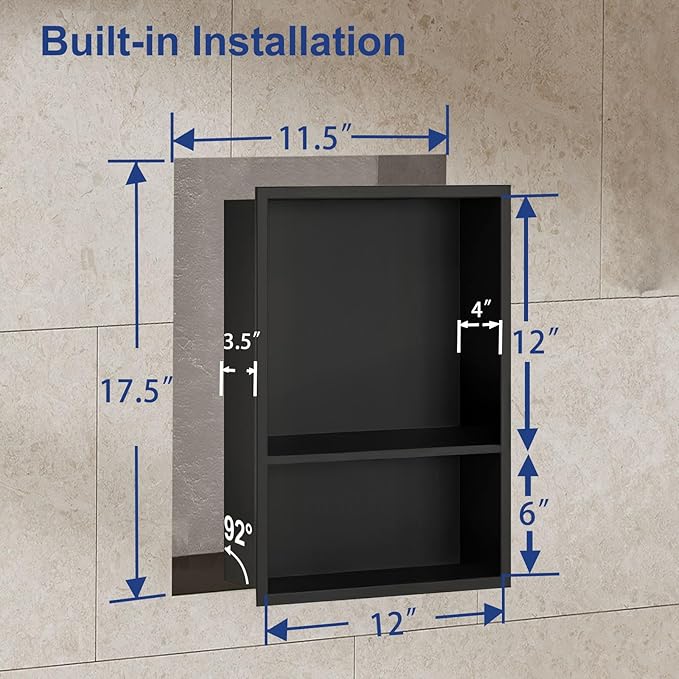 Shower Niche,12 * 18 Stainless Steel Elegant Bathroom Niche, No Tile Needed Recessed Shower Shelf Organizer for Storage,Black