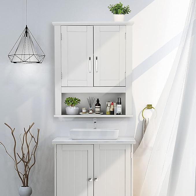 VINGLI Bathroom Wall Cabinet 21"x8.5"x25" Modern White Medicine Wall Mount Bathroom Cabinet Organizer Over The Toilet Storage with 2 Doors 1 Adjustable Shelf for Restroom Laundry Room Home Furniture