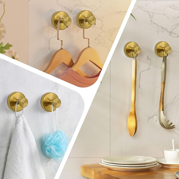 Suction Cup Hooks for Shower, Heavy Duty Wreaths Hangers for Glass Door Window, Towel Hook No Drill Holder on Smooth Wall, Mirror, Tile for Home (4Pcs Gold)