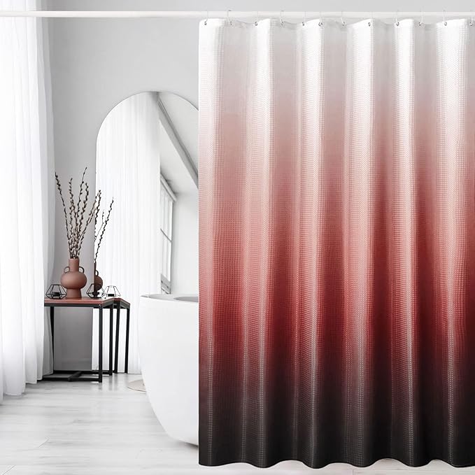 Gibelle Ombre Shower Curtain, Red Black Gradient Fabric Shower Curtain, Waffle Weave Textured Bathroom Curtains Shower Set with Hooks, Water Repellent and Machine Washable, 72 x 72