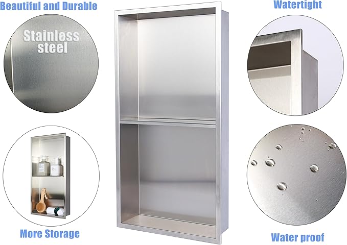 Stainless Steel no Tile Needed Metal Niche,Double Shelves，Stainless Steel Finished Shower Insert Wall Niche(Brush, 24 * 12 in)