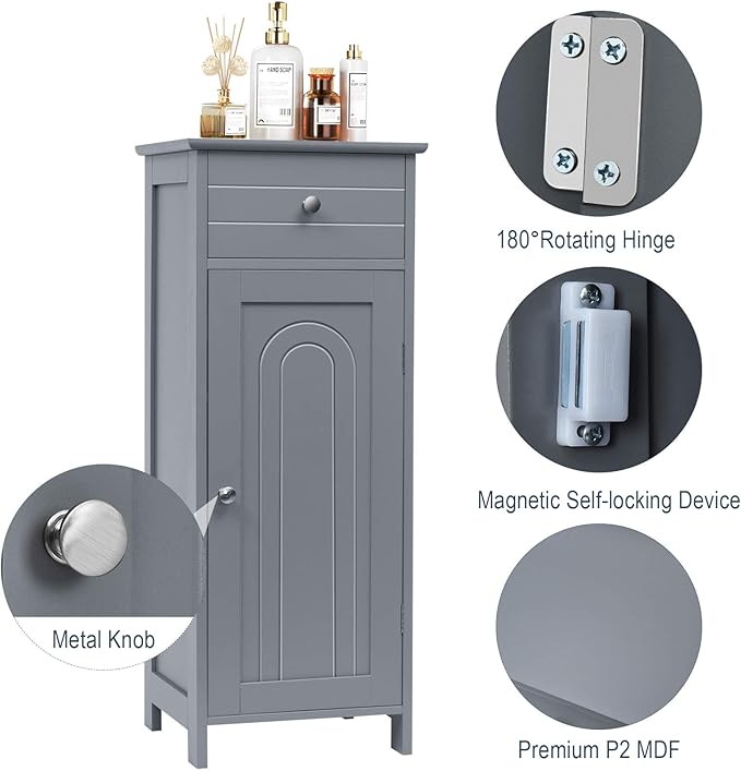 DORTALA Bathroom Floor Cabinet, Free-Standing Wooden Floor Storage Cabinet w/Large Drawer & 2 Adjustable Shelves, Morden Side Storage Bathroom Organizer Cabinet for Living Room, Grey