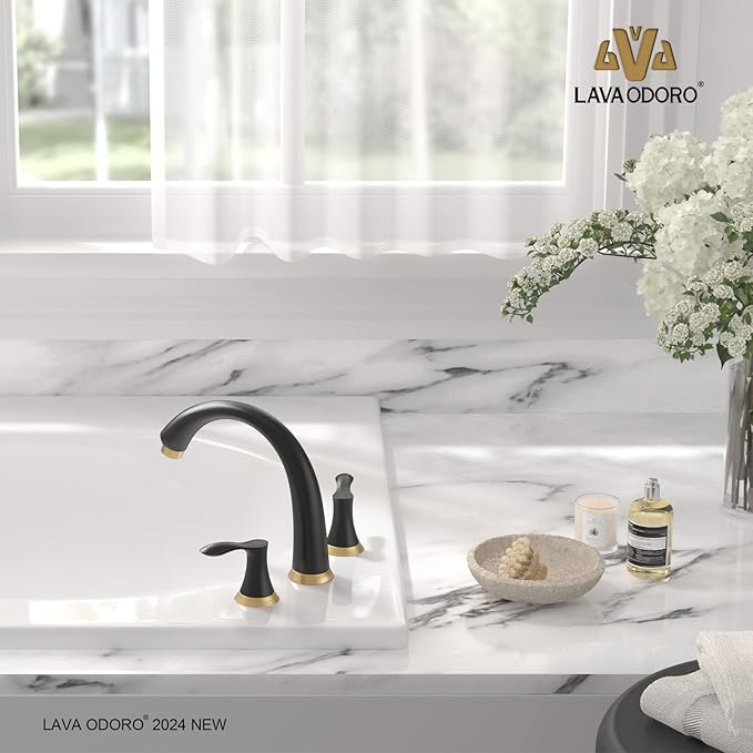 Black Gold Roman Tub Faucet, Lava Odoro 8 inch Widespread Bathtub Faucet with Valve, High Flow 2 Handle Deck Mount Tub Faucet, Solid Brass 3 Hole Bath Tub Filler TF405-GB