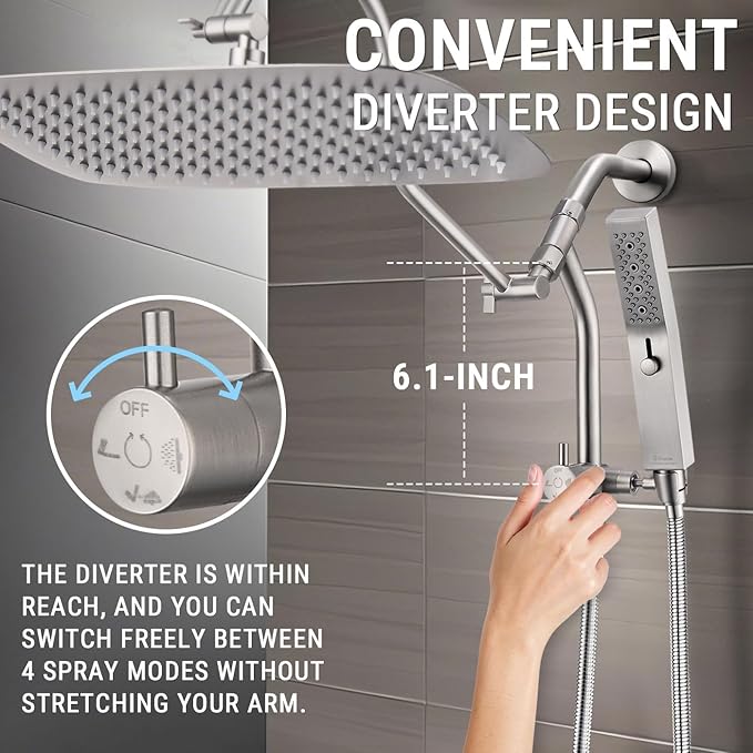 G-Promise 14 Inches Shower Faucet Sets Complete, All Metal Rainfall Shower Head and Handle Set, Extended Downward Diverter, Extension Arm and Pressure Balance Rough-in Valve Included