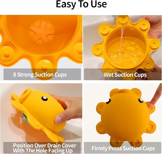 Bathroom Bathtub Overflow Drain Cover- Silicone Bath Tub Drain Cover, Tub Overflow Drain Stopper with Suction Cup Seal, Adds Inches of Water for Deeper Bath, Bathroom Accessories, Yellow